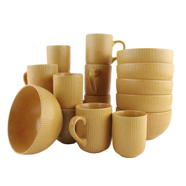 OTIX Koffiekopjes Set van 12 Cappuccino Kopjes 190ml 300ml met Set van 6 Soepkommen 600ml Mustard yellow SPRUCE