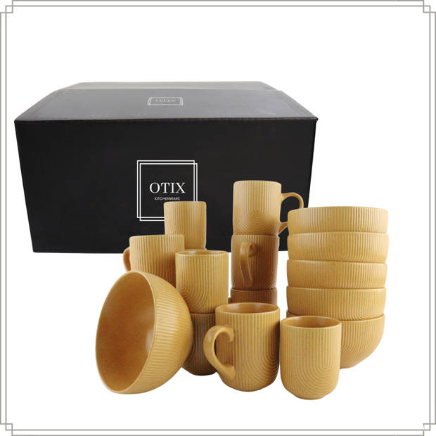 OTIX Koffiekopjes Set van 12 Cappuccino Kopjes 190ml 300ml met Set van 6 Soepkommen 600ml Mustard yellow SPRUCE