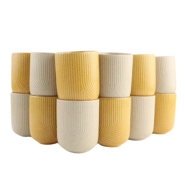 OTIX Koffiekopjes zonder Oor Set van 12 Kopjes Koffietassen Beige Geel Mustard yellow Theemok 190ml SPRUCE en TEAK