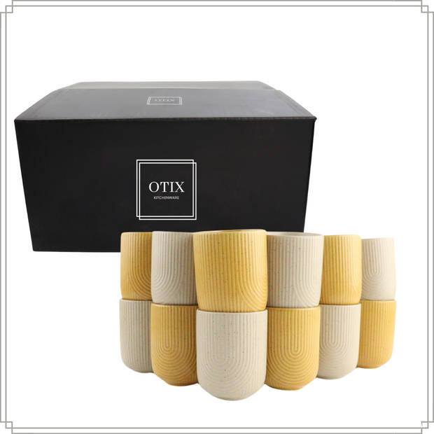 OTIX Koffiekopjes zonder Oor Set van 12 Kopjes Koffietassen Beige Geel Mustard yellow Theemok 190ml SPRUCE en TEAK