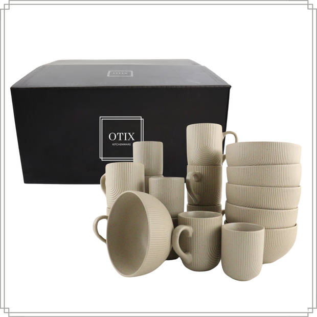 OTIX Koffiekopjes - Set van 12 - Cappuccino - Kopjes - 190ml - 300ml - met Set van 6 - Soepkommen - 600ml - TEAK