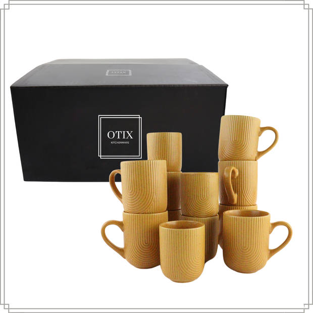 OTIX Koffiekopjes - Set van 12 - Cappuccino Kopjes - Met Oor - 300ml - Zonder Oor - 190ml - Mustard yellow - SPRUCE