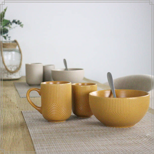 OTIX Koffiekopjes - Set van 12 - Cappuccino Kopjes - Met Oor - 300ml - Zonder Oor - 190ml - Mustard yellow - SPRUCE