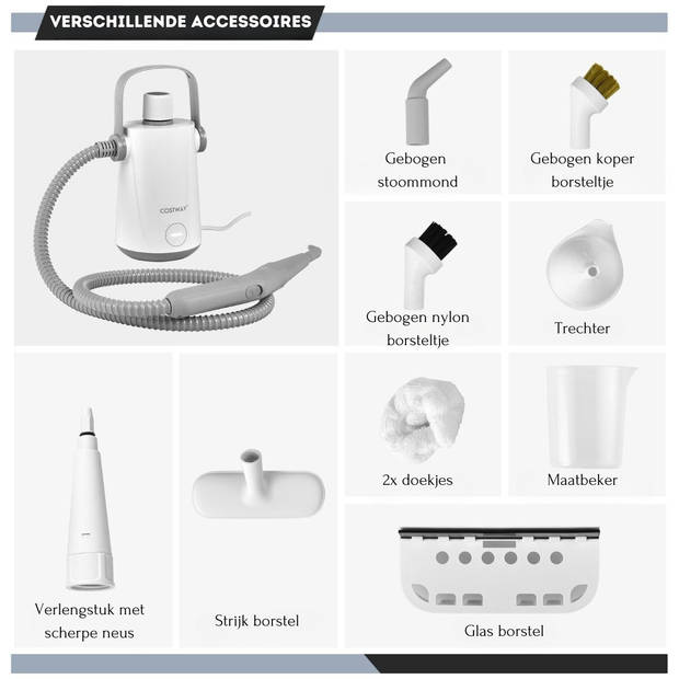 Costway Handstoomreiniger 1000 W - 300 ml Watercapaciteit - 10 Accessoiresets Grijs + Wit