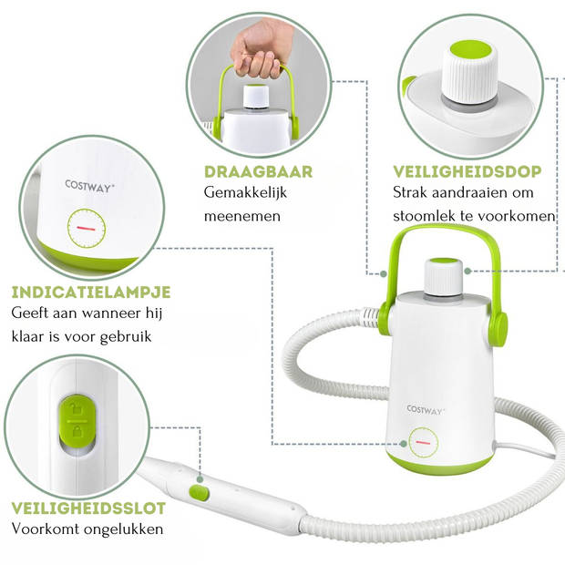 Costway Handstoomreiniger 1000 W - 300 ml Watercapaciteit - 10 Accessoiresets Groen + Wit