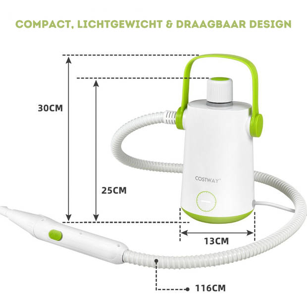 Costway Handstoomreiniger 1000 W - 300 ml Watercapaciteit - 10 Accessoiresets Groen + Wit