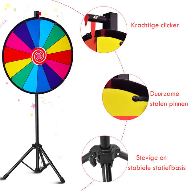 Costway Rad van Fortuin - Draairad Met tripod - Draaiwiel Met 14 Schrijfvakken - Gezelschapsspel Loterijspel - Ø 60 cm