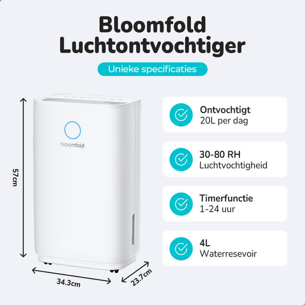 Bloomfold Luchtontvochtiger - 20L per Dag - Incl. Was-droog Functie