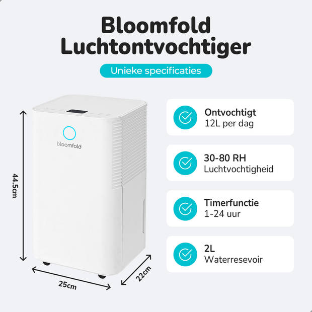 Bloomfold Luchtontvochtiger - 12L per Dag - Incl. Was-droog Functie