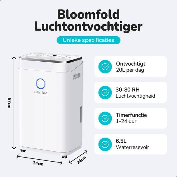 Bloomfold Luchtontvochtiger - 20L per Dag - Incl. Was-droog Functie