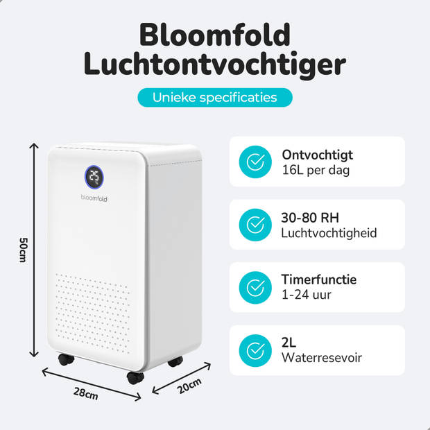 Bloomfold Luchtontvochtiger - 16L per Dag - Incl. Was-droog Functie