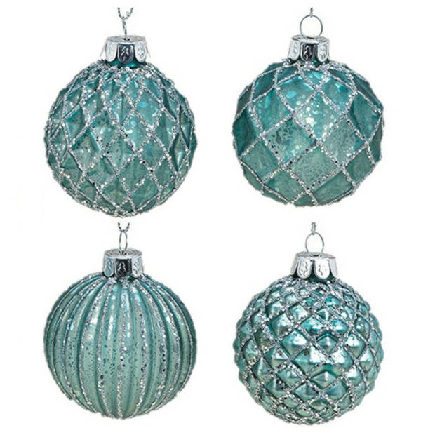 12x stuks luxe gedecoreerde glazen kerstballen turquoise blauw 6 cm - Kerstbal