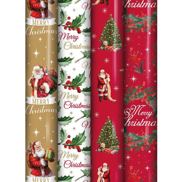 Kerstmis assortiment cadeaupapier - inpakpapier voor Kerst KE127 - 4 mtr x 70 cm - 4 rollen