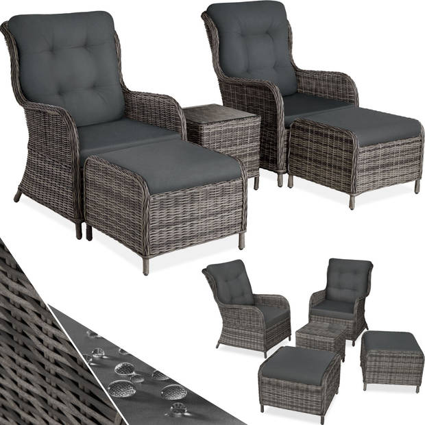 tectake® - 2x premium wicker fauteuils met kruk en tafel - relaxfauteuil - grijs