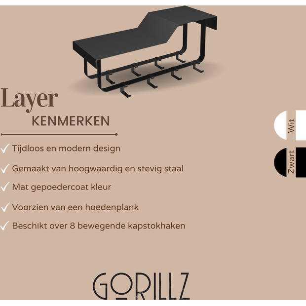 Gorillz Layer - Wandkapstok Met Hoedenplank - 8 Verschuifbare Kapstok Haken - Zwart