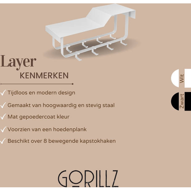 Gorillz Layer - Wandkapstok Met Hoedenplank - 8 Verschuifbare Kapstok Haken - Wit