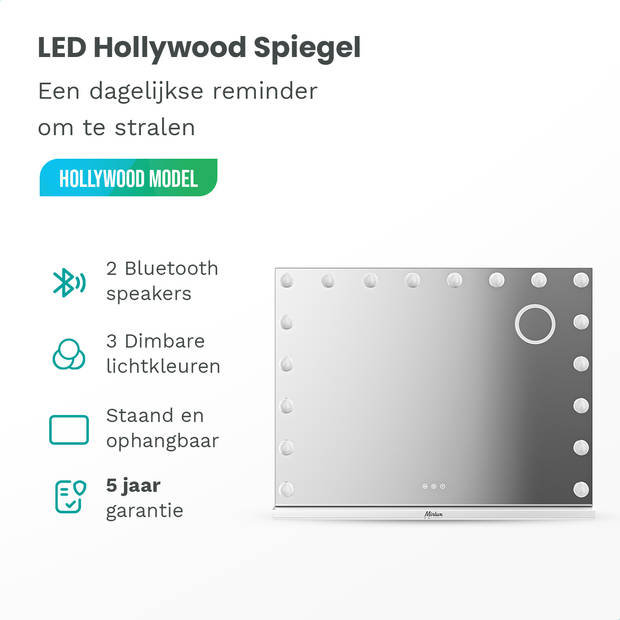 Mirlux Hollywood Make Up Spiegel LED Verlichting - Bluetooth Speakers - 10x Zoom - Ophangbaar - Wit - 80x60cm