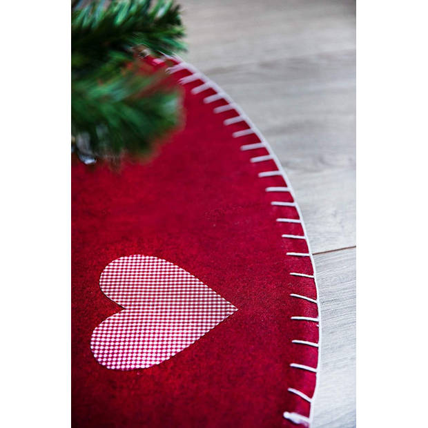 Kerstboomrok / Kerstboomkleed - 100 x 100 cm - rood-wit geruite harten en de grijze kabouters