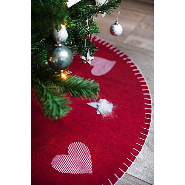 Kerstboomrok / Kerstboomkleed - 100 x 100 cm - rood-wit geruite harten en de grijze kabouters