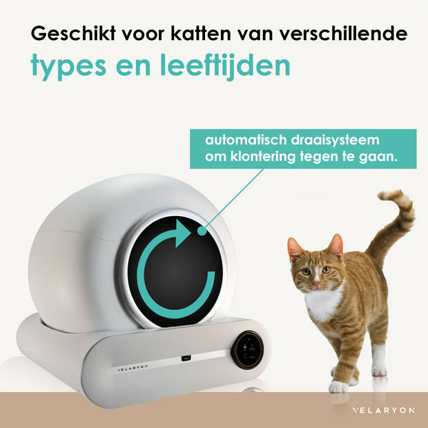 Velaryon Zelfreinigende kattenbak - 65L inhoud - Met App en Led Touch - Automatische/Elektrische Kattenbak