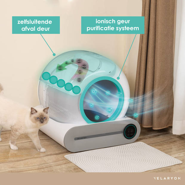 Velaryon Zelfreinigende kattenbak - 65L inhoud - Met App en Led Touch - Automatische/Elektrische Kattenbak