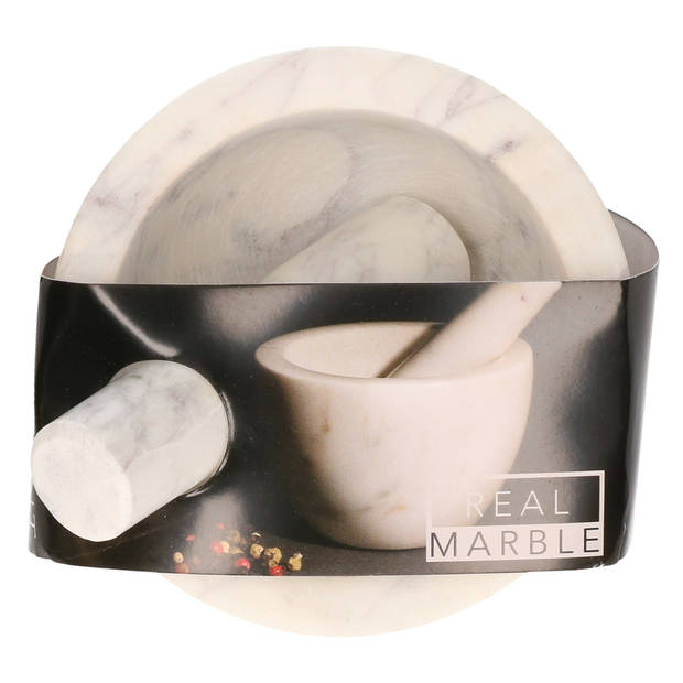 Excellent Houseware Vijzel met stamper - wit - marmer - D10 cm - zware kwaliteit - keuken artikelen - Vijzel en mortier