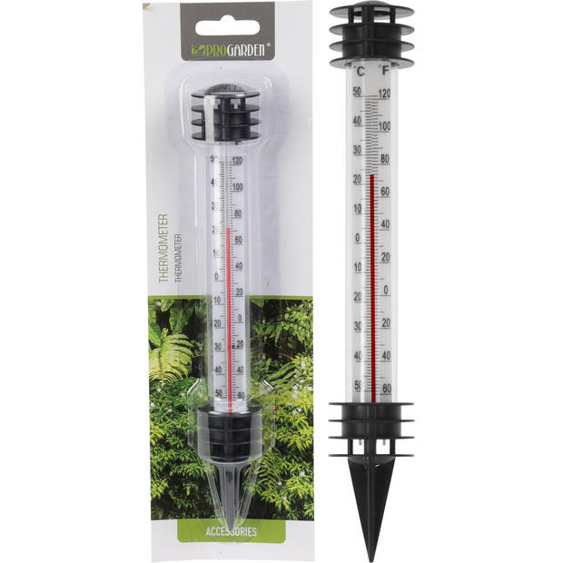 Pro Garden Tuin/buiten thermometer - kunststof - zwart - 3,5 x 23 cm - Buitenthermometers