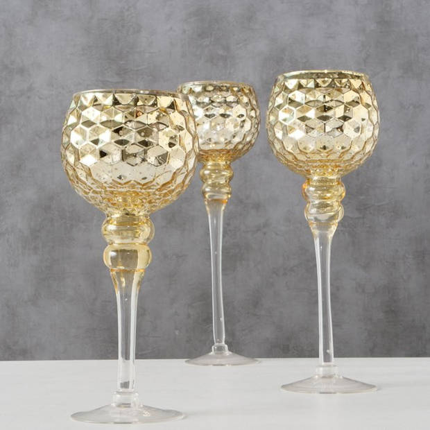 Luxe glazen design kaarsenhouders/windlichten set van 3x stuks champagne/goud transparant 30-40 cm - Waxinelichtjeshoude