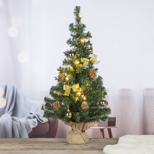 HI kerstboom - 75 cm - met kerstversiering en kerstverlichting - goud - Kunstkerstboom