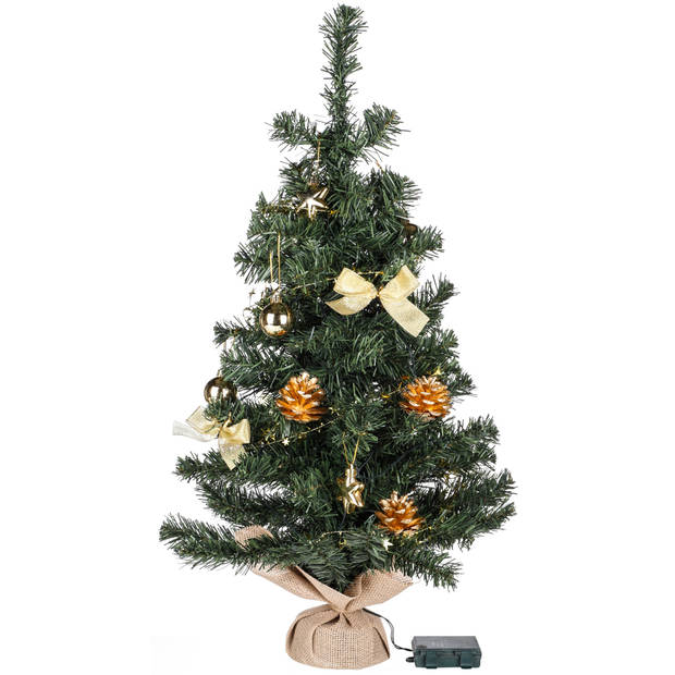 HI kerstboom - 75 cm - met kerstversiering en kerstverlichting - goud - Kunstkerstboom