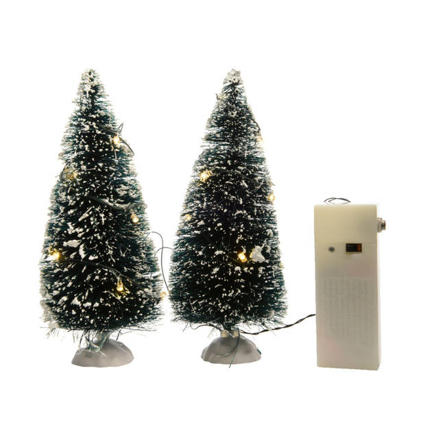 Lumineo Miniatuur boompjes/kerstboompjes - 2x st - met LED verlichting - Kerstdorpen