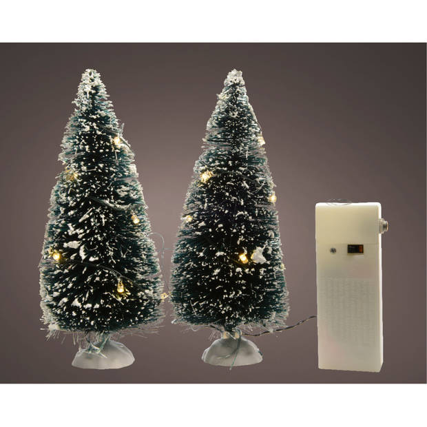 Lumineo Miniatuur boompjes/kerstboompjes - 2x st - met LED verlichting - Kerstdorpen