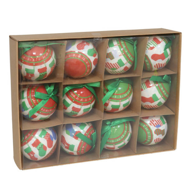 Gerimport Kerstballen - 12x st - 7,5 cm - rood/groen/wit - kunststof - Kerstbal