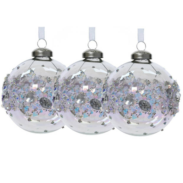 Decoris Luxe kerstballen - 3x - 8 cm - transparant parelmoer - glas - Kerstbal