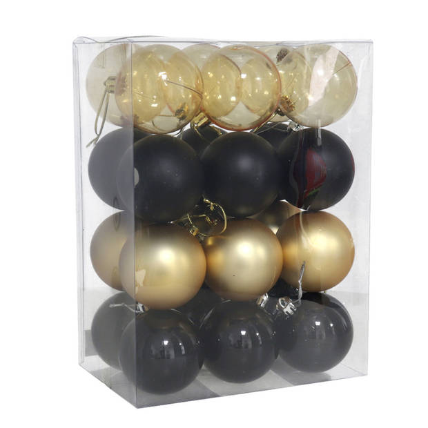 Gerimport kerstballen - 24x st- 6 cm - zwart/goud - kunststof - Kerstbal