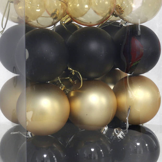 Gerimport kerstballen - 24x st- 6 cm - zwart/goud - kunststof - Kerstbal