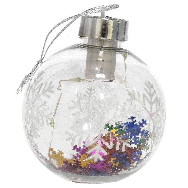 Gerimport Verlichte kerstbal -sneeuwvlok confetti -8cm -kunststof - Kerstbal