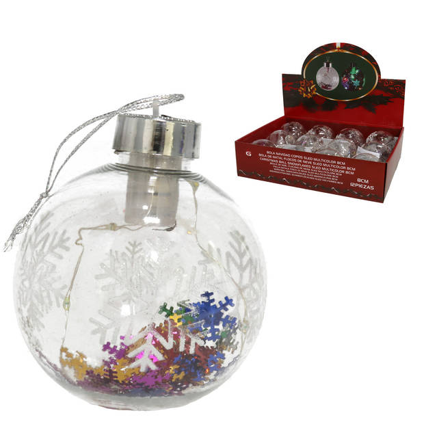 Gerimport Verlichte kerstbal -sneeuwvlok confetti -8cm -kunststof - Kerstbal