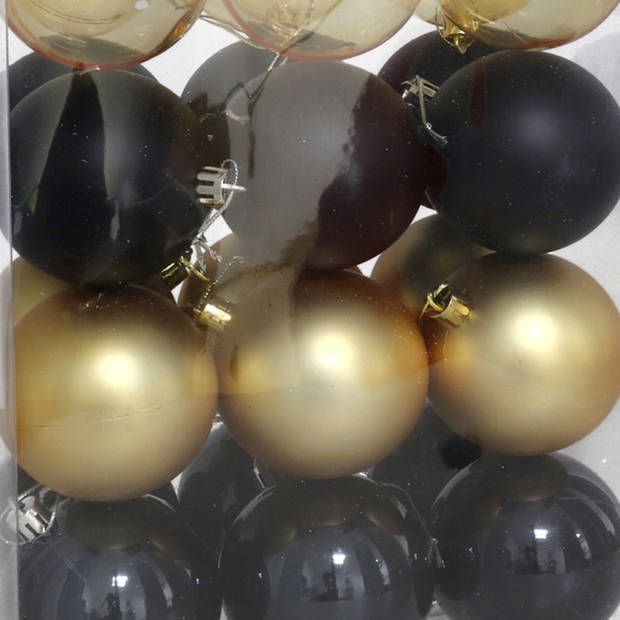 Gerimport kerstballen - 24x st- 7 cm - zwart/goud - kunststof - Kerstbal