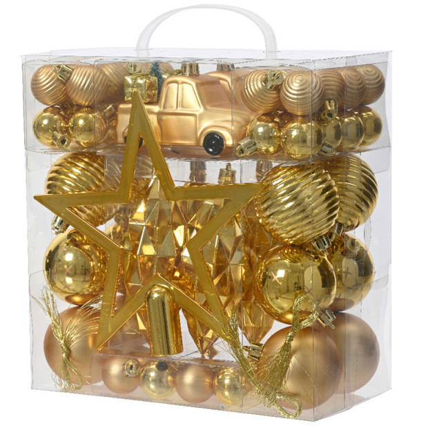 Decoris kerstballen, ornamenten en piek - set -67x-goud-kunststof - Kerstbal