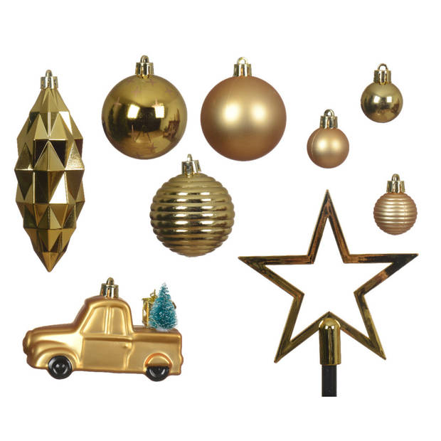 Decoris kerstballen, ornamenten en piek - set -67x-goud-kunststof - Kerstbal