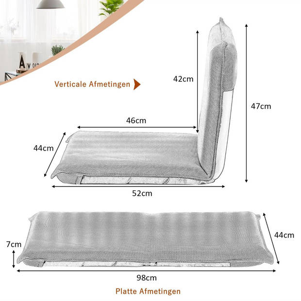 Costway Vloerstoel Met 6-Traps Verstelbare Rugleuning - Meditatiestoel Met Dikke Vulling - Grijs