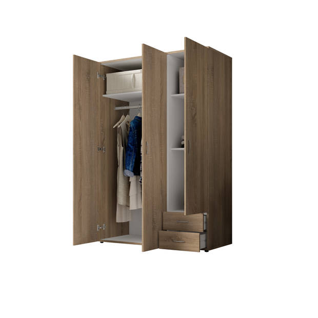 Interiax Kledingkast 'Saar' – 3 Deuren, 2 Lades, 1 Hanger & 3 legplanken Sonoma Eik 121x176x51 cm