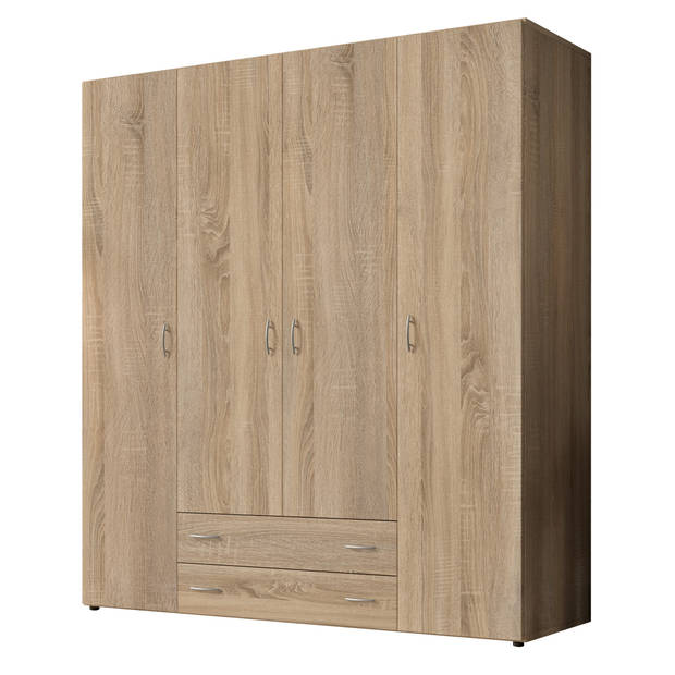 Interiax Kledingkast 'Saar' – 4 Deuren, 2 Lades, 2 Hangers & 4 Legplanken Sonoma Eik 177x160x52 cm