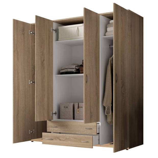 Interiax Kledingkast 'Saar' – 4 Deuren, 2 Lades, 2 Hangers & 4 Legplanken Sonoma Eik 177x160x52 cm