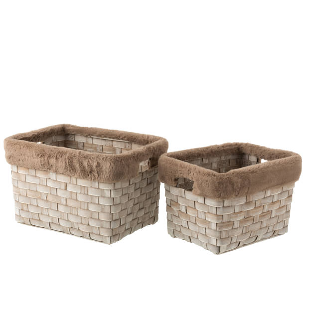 J-line - Set Van 2 Manden Rechthoekig+imitatiebont Rotan Plat Bruin - 42x28x27cm