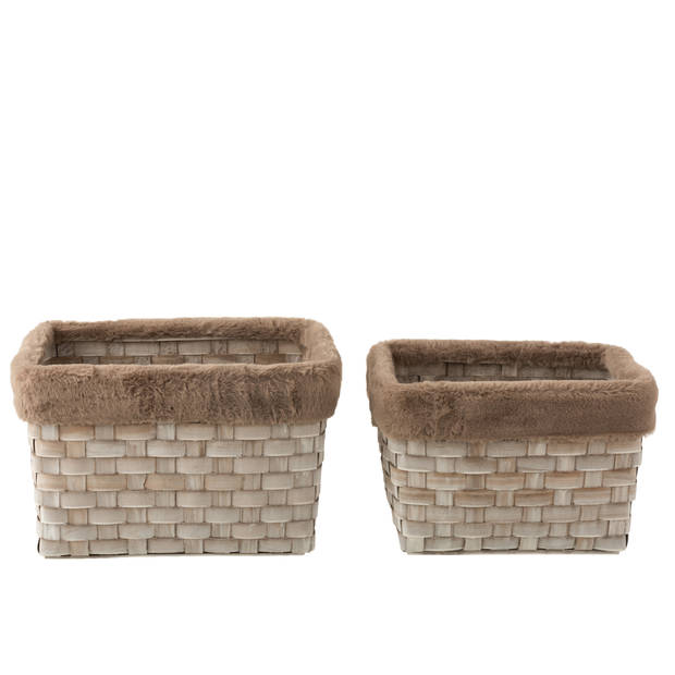 J-line - Set Van 2 Manden Rechthoekig+imitatiebont Rotan Plat Bruin - 42x28x27cm