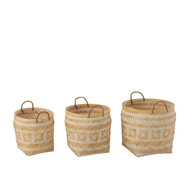 J-line - Set Van 3 Mand Patronen Handvaten Bamboe Naturel/wit - 40x40x37cm