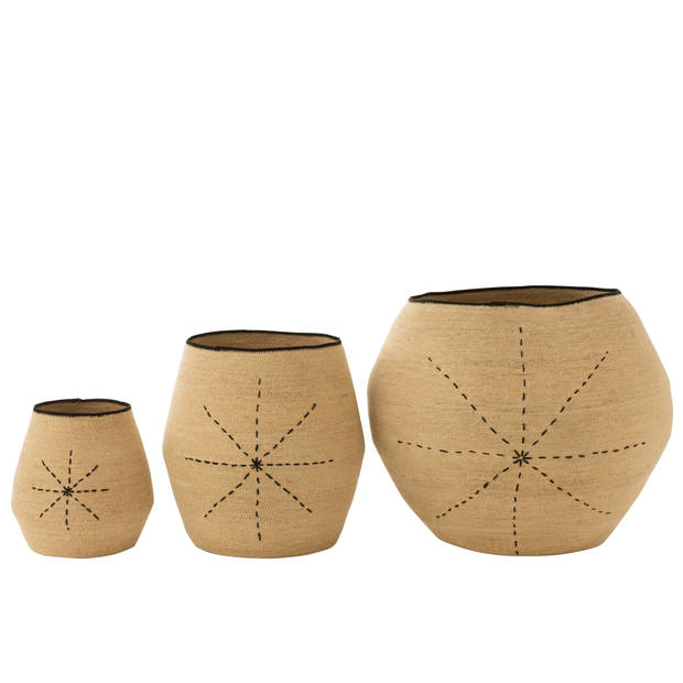 J-line - Set Van 3 Mand Ster Stippellijnen Zeegras Naturel/zwart - 68x68x57cm