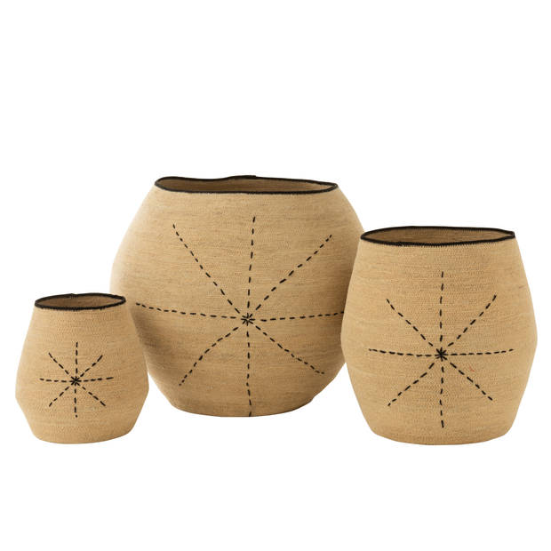 J-line - Set Van 3 Mand Ster Stippellijnen Zeegras Naturel/zwart - 68x68x57cm